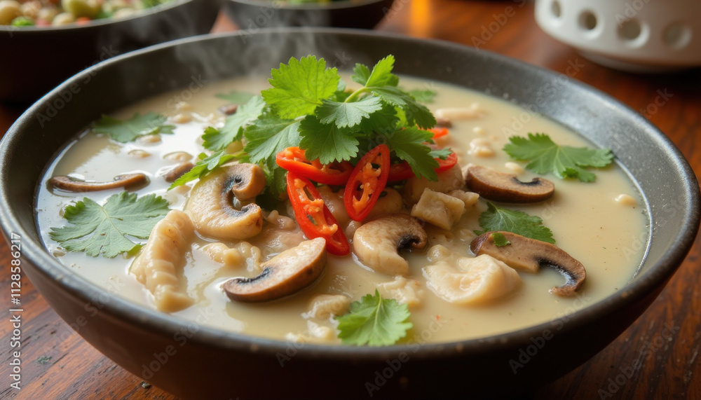 Thai mushroom soup with red chili and cilantro Thai mushroom soup with red chili and cilantro
