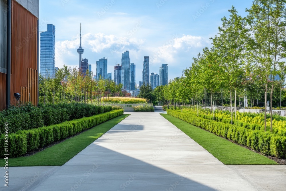 Modern concrete pathway cutting through urban landscape in toronto canada showcasing nature and city harmony from a scenic viewpoint for enhanced urban living experience