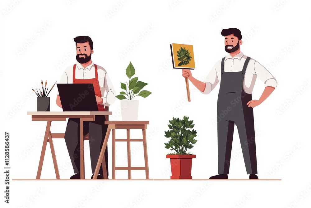 Professional Man Working on Laptop with Indoor Plants in Modern Workspace and Displaying Plant Image Professional Man Working on Laptop with Indoor Plants in Modern Workspace and Displaying Plant Image