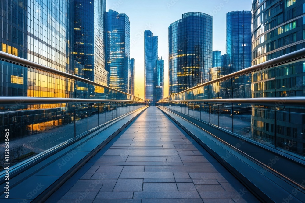 Fototapeta premium Modern urban pathway surrounded by sleek steel structures city center photography sunset environment perspective reflecting urban development concept