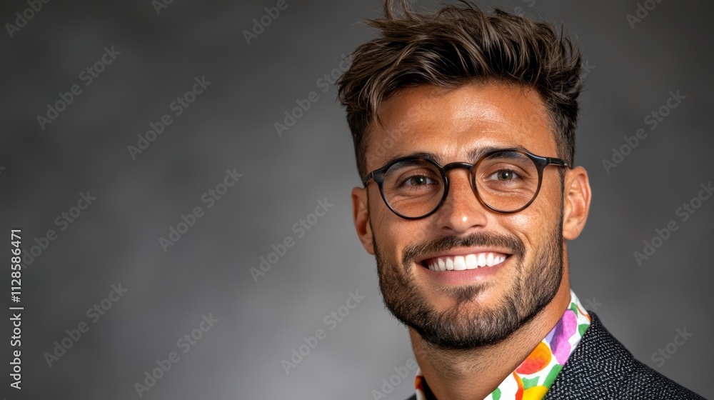 A man with glasses and a colorful shirt is smiling A man with glasses and a colorful shirt is smiling