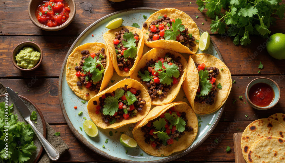 Plate of tacos with black beans and fresh toppings Plate of tacos with black beans and fresh toppings