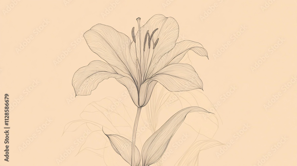 Naklejka premium Delicate line art drawing of a single lily flower on a pale background.