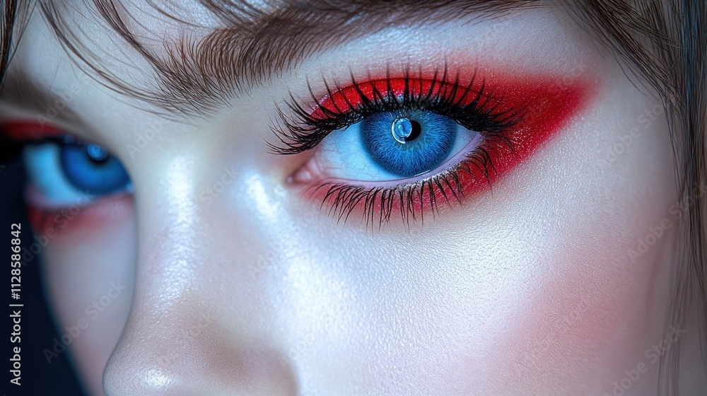 Close-up of a woman's face with vibrant red eyeshadow and blue eyes, highlighted skin. Close-up of a woman's face with vibrant red eyeshadow and blue eyes, highlighted skin.