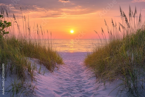 Serene sunset over a sandy beach pathway leading to the ocean coastal landscape photography tranquil environment natural beauty scenic viewpoint for relaxation and reflection photo