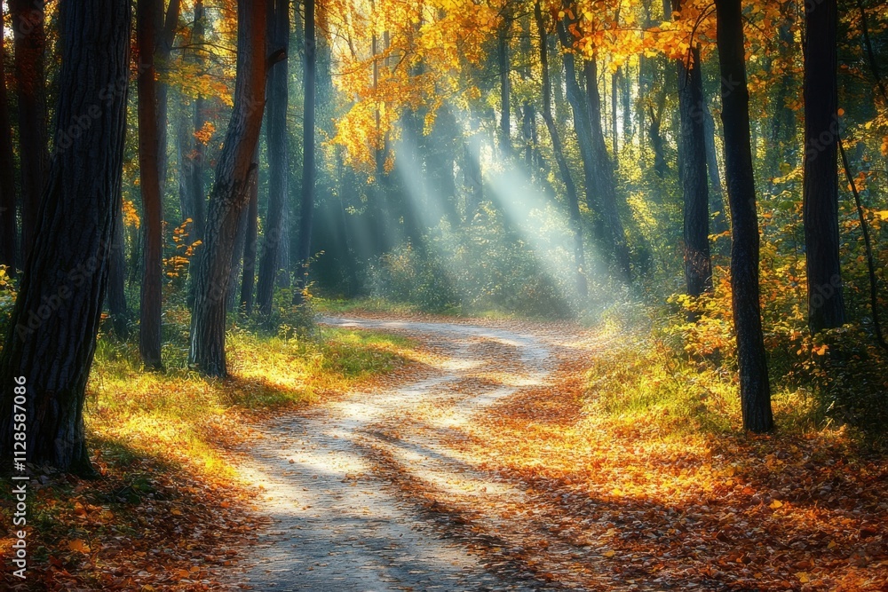 Exploring a winding forest pathway covered in golden fallen leaves autumn landscape nature photography serene environment soft light tranquil escape Exploring a winding forest pathway covered in golden fallen leaves autumn landscape nature photography serene environment soft light tranquil escape