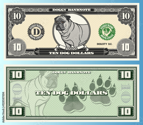 Vector banknote, denomination of 10 dog dollars. Portrait of cute friendly doggy ​​of pug breed and canine tracks. Obverse and reverse of game vintage money. Cuddly doggie. Ten