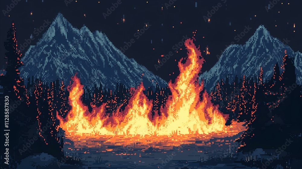 Naklejka premium A dramatic pixel art forest fire burns intensely with flames rising against dark mountains and a starry night sky.