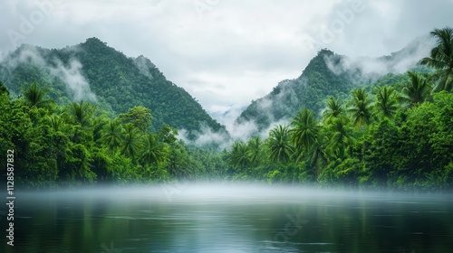 Lush riverbank with dense vegetation releasing vapor into the atmosphere, symbolizing moisture harmony