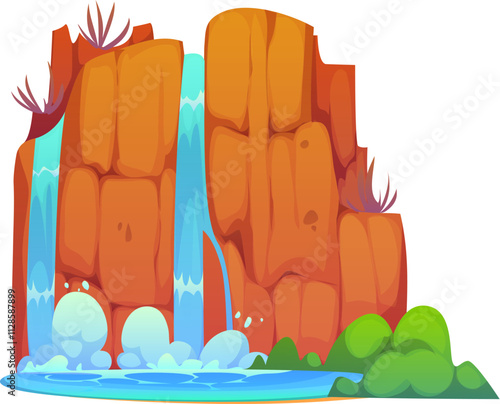 Waterfall water cascade or river falling from mountain rock, nature scene in cartoon vector. Waterfall cascade falling between mountain rocks into lake, water or brook stream on island or forest