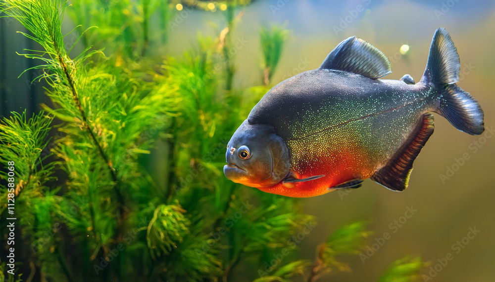 A Single Red-Bellied Piranha Swimming in a Water With Green Plants and Copy Space A Single Red-Bellied Piranha Swimming in a Water With Green Plants and Copy Space