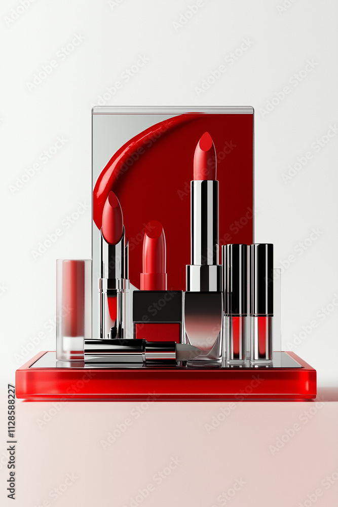 Red lipstick and makeup products displayed on stylish stand Red lipstick and makeup products displayed on stylish stand