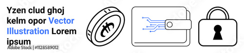 Cryptocurrency coin next to digital wallet and lock, highlighting themes of security, finance. Ideal for fintech, online banking, cryptocurrency protection, digital transactions, financial