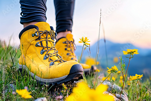 hiker's boots touching alpine meadow grass, outdoor adventure photo