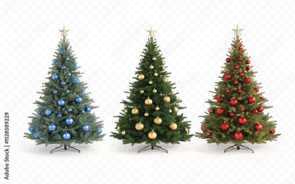 abstract 3d different style Christmas tree with beautiful ornaments isolated on white background abstract 3d different style Christmas tree with beautiful ornaments isolated on white background