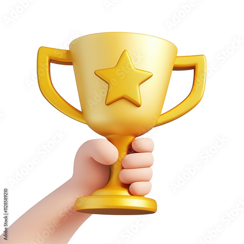 3D render with hand holding a Trophy on isolated transparent background cutout