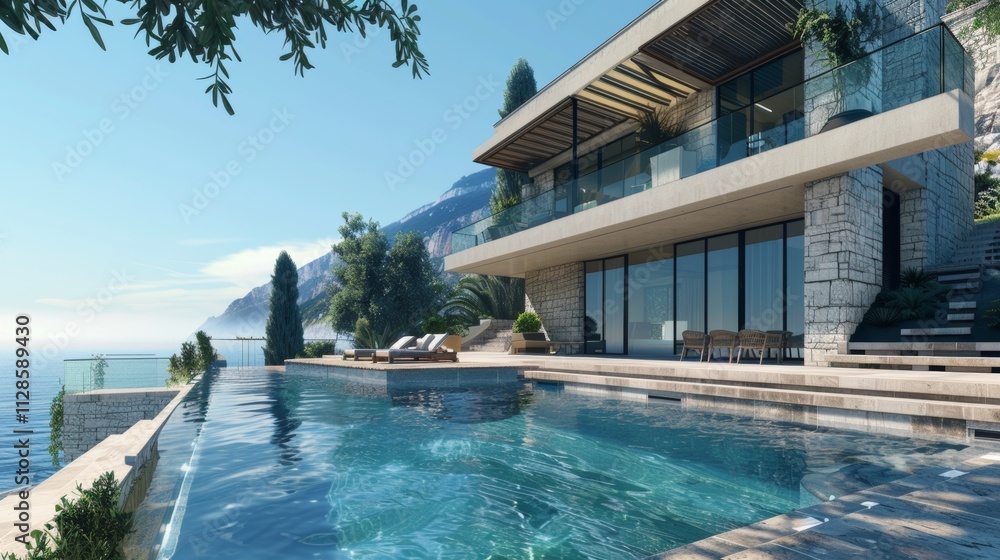 Fototapeta premium Seaside detached villa with pool and large terrace