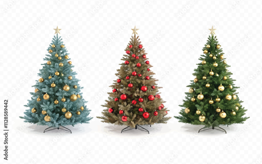 abstract 3d different style Christmas tree with beautiful ornaments isolated on white background abstract 3d different style Christmas tree with beautiful ornaments isolated on white background