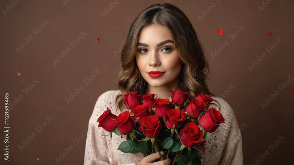 A woman with a bouquet of vibrant red roses, offering a timeless gesture of love and romance this Valentine's Day. A woman with a bouquet of vibrant red roses, offering a timeless gesture of love and romance this Valentine's Day.