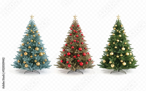 abstract 3d different style Christmas tree with beautiful ornaments isolated on white background