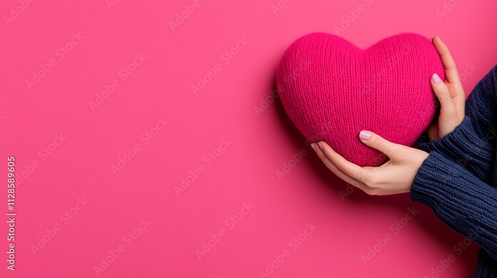 A woman is holding a pink heart in her hand. The pink background suggests a romantic or sentimental mood A woman is holding a pink heart in her hand. The pink background suggests a romantic or sentimental mood