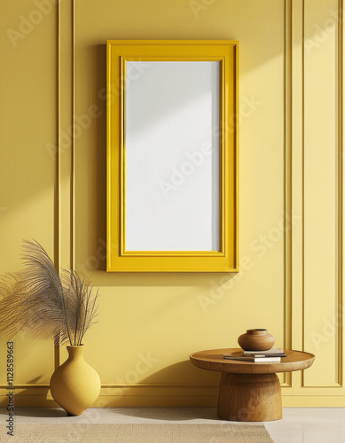 Elegant yellow frame, empty white Mockup canvas, Blank Mock-up Frame Canvas, modern yellow luxury interior, wall art presentation mockup, Picture frame, art presentation, Picture frame on a wall