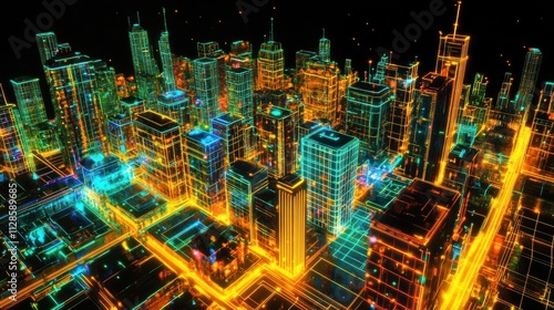 Wallpaper Mural Holographic city at night, neon-lit digital streets, transparent skyscrapers, floating data hubs, high-tech surveillance, vibrant futuristic atmosphere Torontodigital.ca