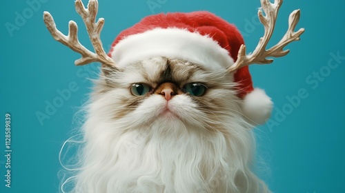 Adorable cat with a Santa hat and antlers posing on a blue background, perfect for festive holiday themes. photo