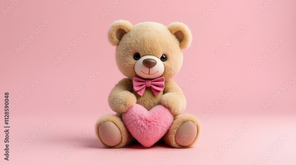 Design background cute plush beige teddy bear with pink heart on pink background with space for text. Design background cute plush beige teddy bear with pink heart on pink background with space for text.