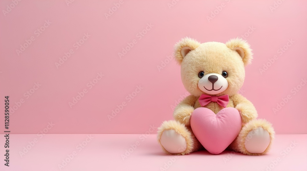 Design background cute plush beige teddy bear with pink heart on pink background with space for text. Design background cute plush beige teddy bear with pink heart on pink background with space for text.