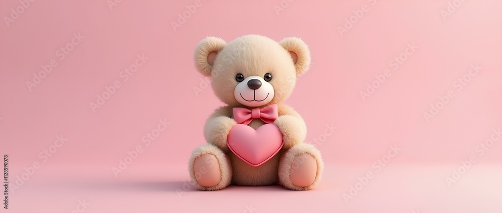 Design background cute plush beige teddy bear with pink heart on pink background with space for text. Design background cute plush beige teddy bear with pink heart on pink background with space for text.