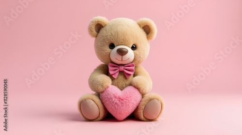 Design background cute plush beige teddy bear with pink heart on pink background with space for text.