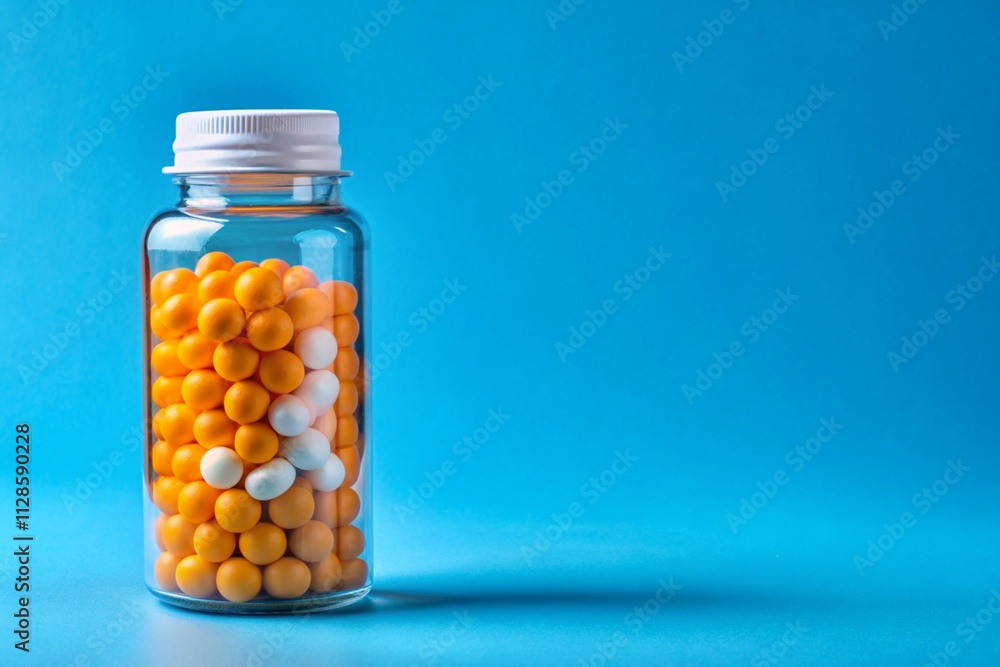 A bottle of pills with orange and white pills inside A bottle of pills with orange and white pills inside