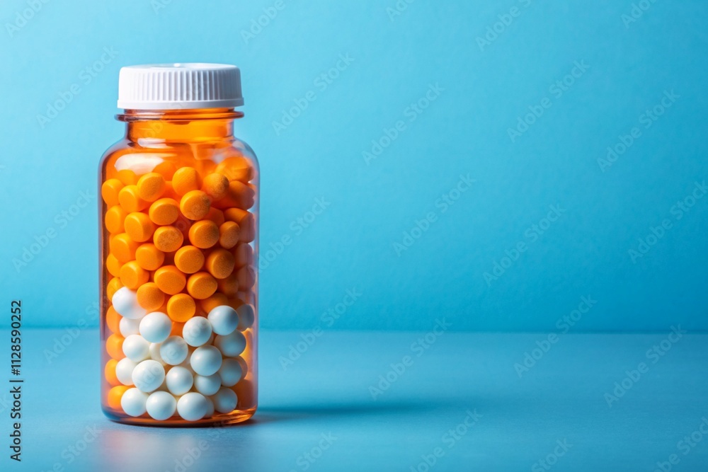 A bottle of pills with orange and white pills inside