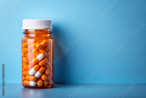 A bottle of pills with orange and white pills inside