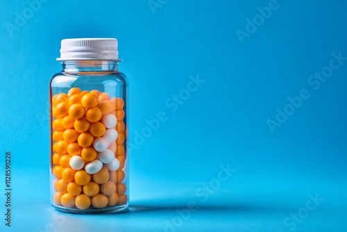 A bottle of pills with orange and white pills inside