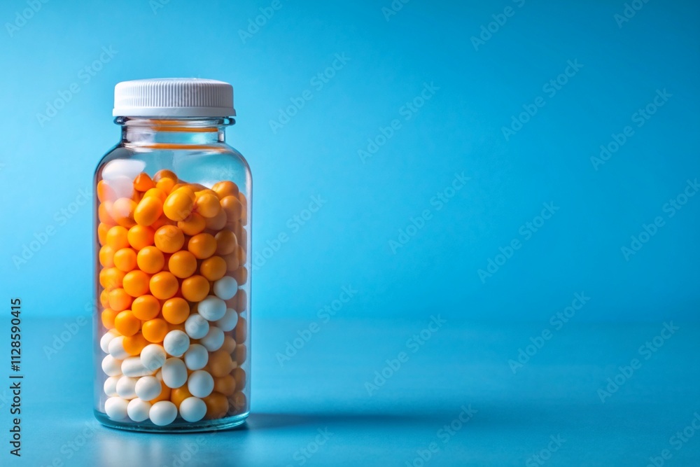 A bottle of pills with orange and white pills inside A bottle of pills with orange and white pills inside