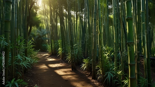 Sunlit Path Through Lush Green Bamboo Forest