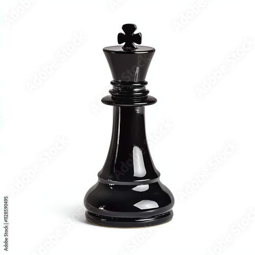 A glossy black chess king piece stands upright, showcasing its iconic design and elegant curves against a neutral background.