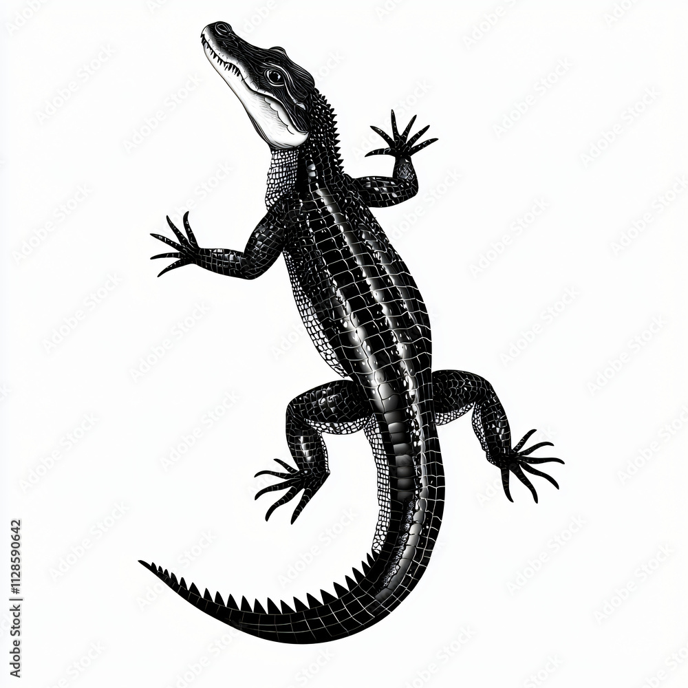 Naklejka premium Vector silhouette icon or logo of prehistoric crocodile with textured scaled body