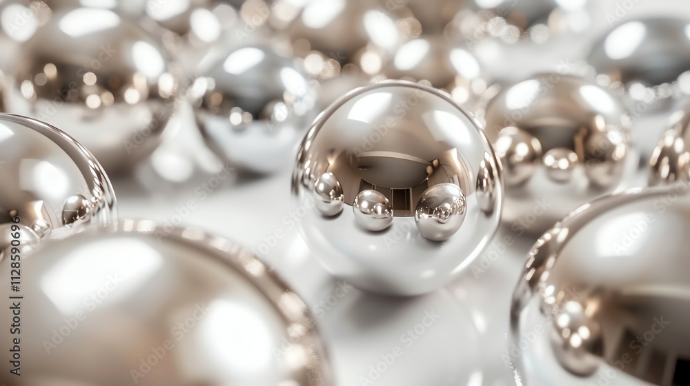 A close up on shiny reflective spheres, many of which reflect other spheres in the background. A close up on shiny reflective spheres, many of which reflect other spheres in the background.