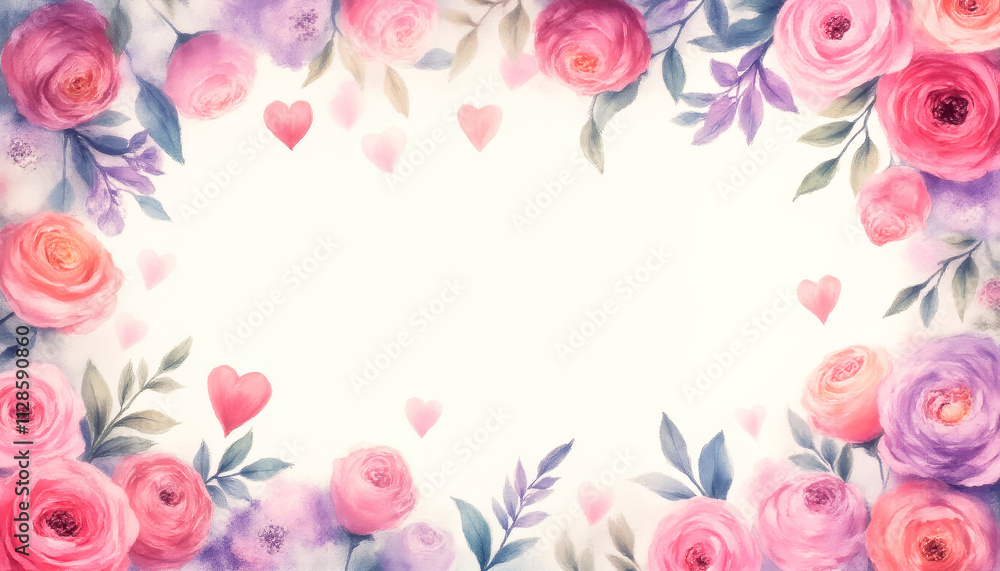 Floral frame for greeting cards, invitations, stationary decorated with colorful spring flowers and hearts. Illustration in loose watercolor style with copy space for your text Floral frame for greeting cards, invitations, stationary decorated with colorful spring flowers and hearts. Illustration in loose watercolor style with copy space for your text