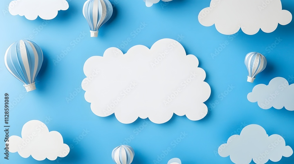 A sky blue background bordered with fluffy white clouds made of paper cutouts and toy hot air balloons floating around the blank center. A sky blue background bordered with fluffy white clouds made of paper cutouts and toy hot air balloons floating around the blank center.