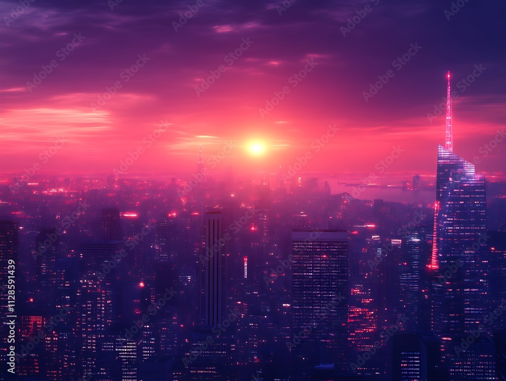 Obraz premium Futuristic Cityscape Sunset Vibrant Hues Illuminates Towers