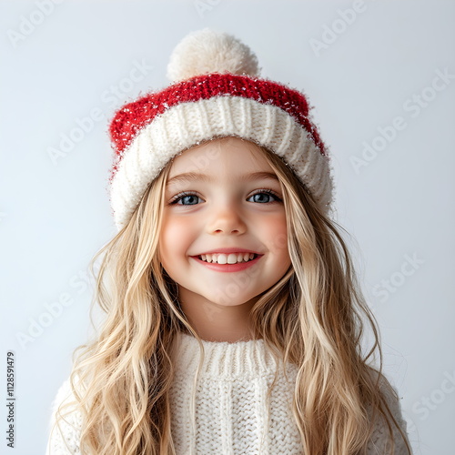 Blonde girl of five years in a warm red knitted hat with a pompom. White isolated background