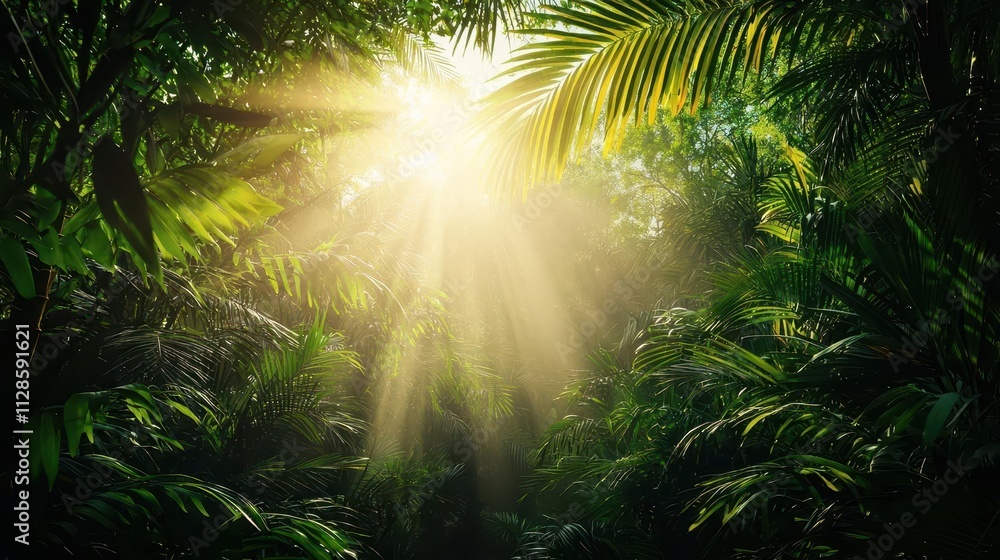 A dense jungle scene with visible mist rising, illustrating the ecosystem s natural moisture cycle A dense jungle scene with visible mist rising, illustrating the ecosystem s natural moisture cycle
