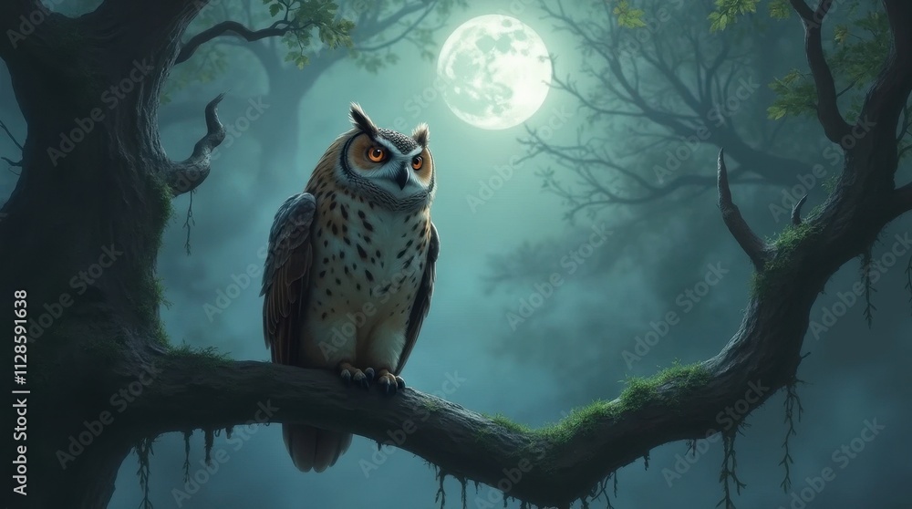 Wise Owl Perched on Ancient Tree Branch in Mystical Forest Wise Owl Perched on Ancient Tree Branch in Mystical Forest