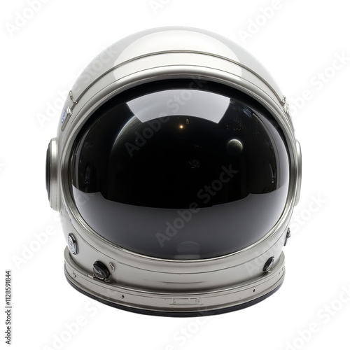 PNG of A polished silver astronaut helmet with a dark visor showcasing its sleek design and reflective details on transparent background