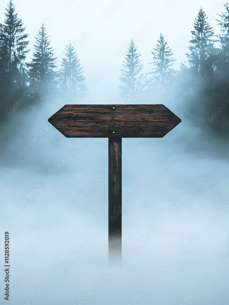 Naklejka premium A wooden signpost stands amidst a foggy forest, surrounded by tall trees, evoking a sense of mystery and adventure.