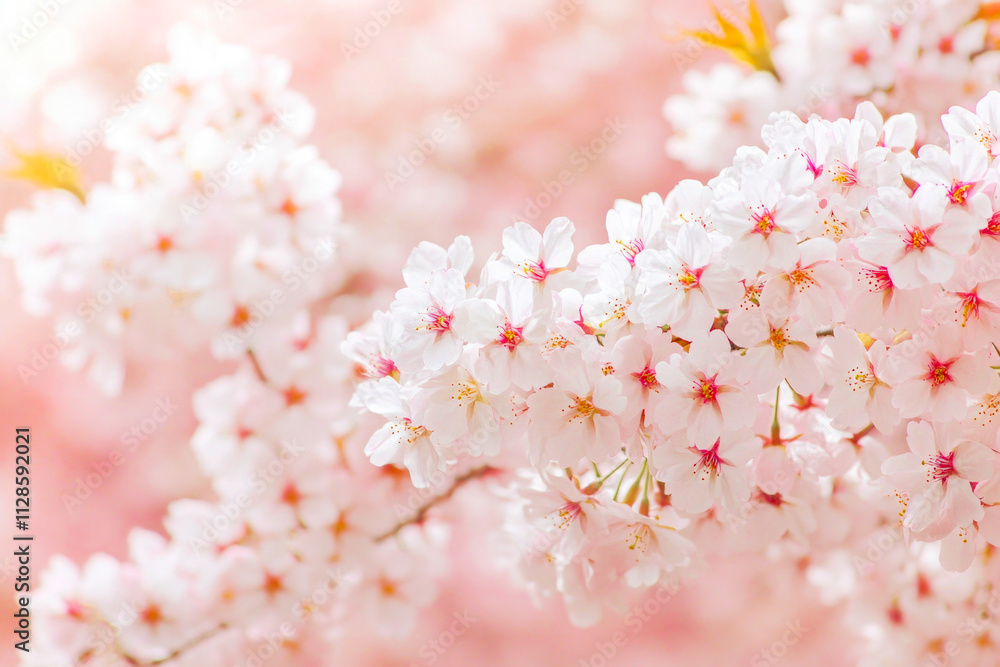 Blooming cherry blossoms in springtime, close-up of delicate pink and white petals Blooming cherry blossoms in springtime, close-up of delicate pink and white petals